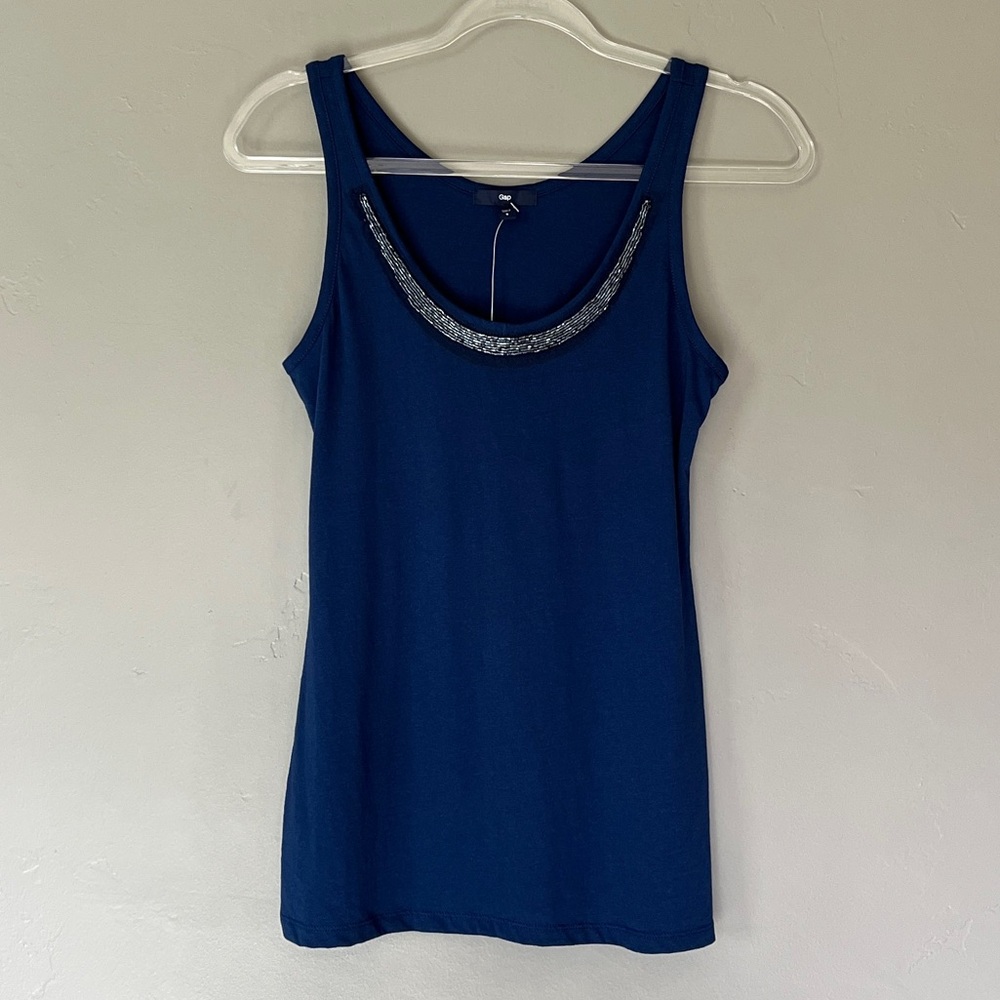 Gap Scoop Neck Beaded Sequin Mesh Embellished Navy Blue Tank Sz S New With Tags